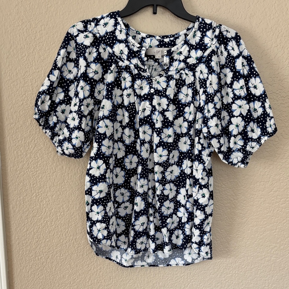 LOFT Navy and White Floral Blouse